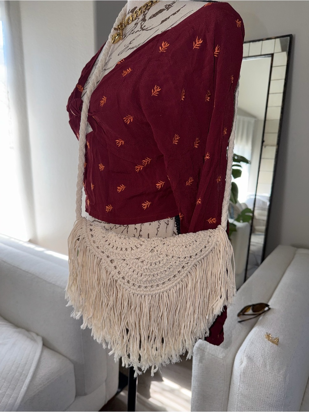 Boho Crochet Fringe Crossbody Bag in Cream